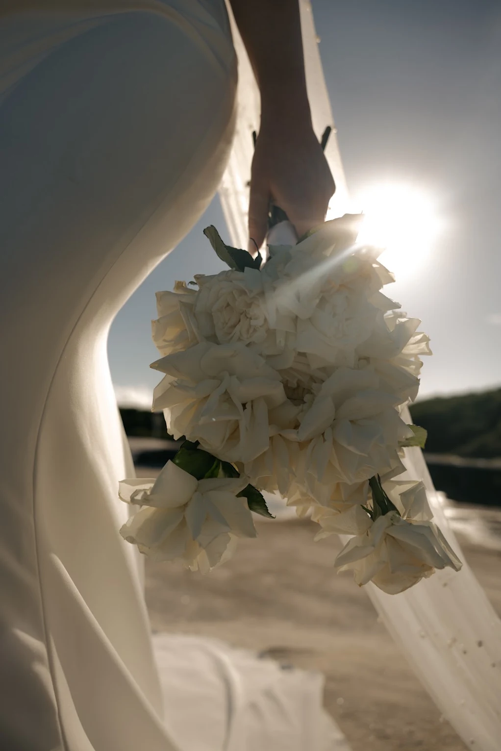 Bride carrying a cascading white rose bouquet in the late afternoon sun