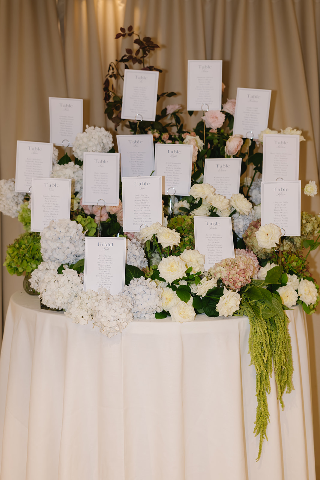 Wedding seating chart displayed among an arrangement of hydrangeas, roses and trailing amaranthus