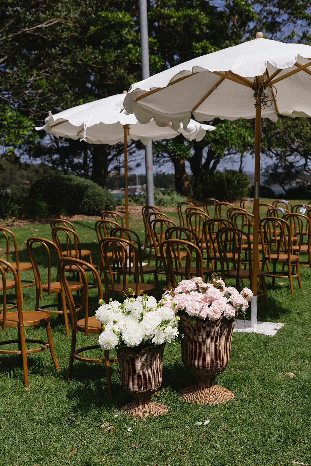 Wicker urns of white dahlias and pale pink roses marking the end of the ceremony aisle under market umbrellas